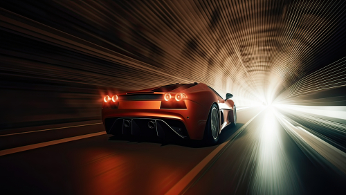 Futuristic Sports Car On Neon Highway. Powerful acceleration of a supercar on a night track with colorful lights and trails. 3d illustration. Generative Ai.