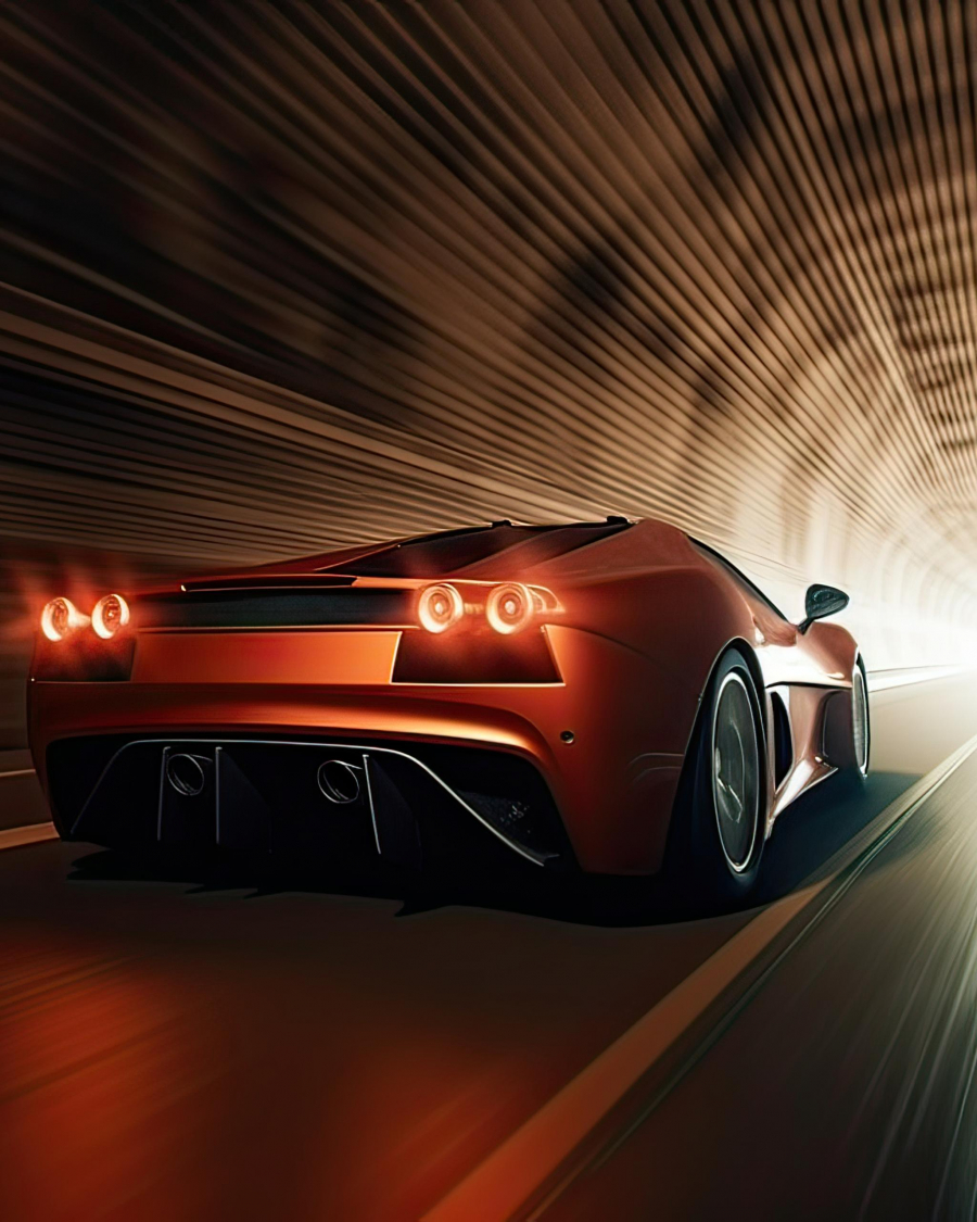 Futuristic Sports Car On Neon Highway. Powerful acceleration of a supercar on a night track with colorful lights and trails. 3d illustration. Generative Ai.