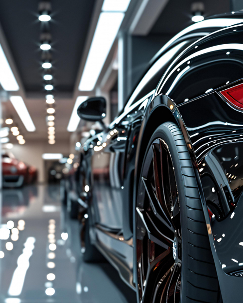 Sleek luxury cars showcased under the bright, modern lighting of a high-end car dealership's polished showroom floor.