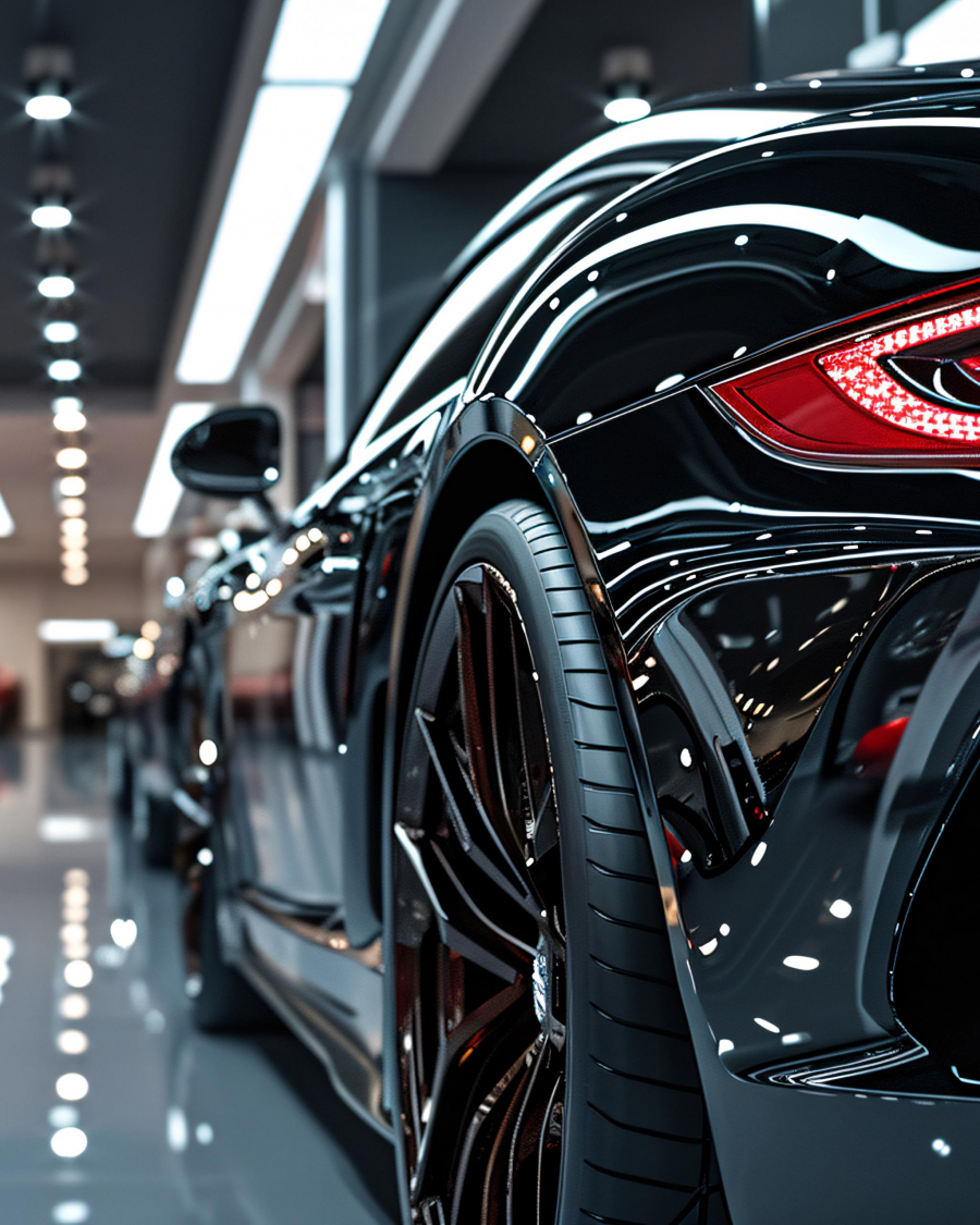 Sleek luxury cars showcased under the bright, modern lighting of a high-end car dealership's polished showroom floor.