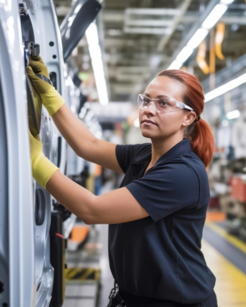 Confident female worker skillfully operating high-tech machinery in a modern automotive manufacturing setting, candid shot, generative ai