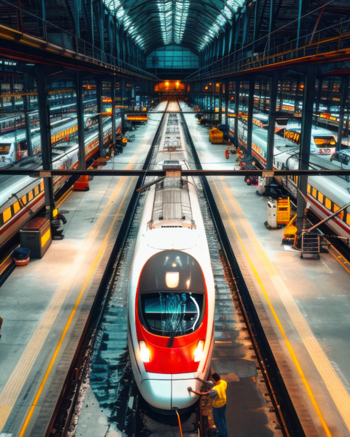 High-Speed Trains in Modern Maintenance Depot. Multiple high-speed trains stationed in a modern maintenance depot, highlighting advanced transportation infrastructure and efficient design.