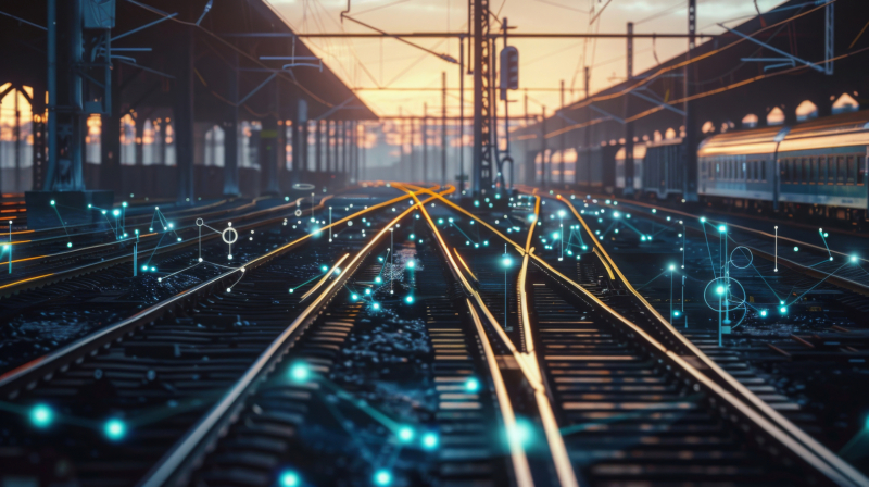 Generate a scene of a train yard with IoT sensors monitoring the condition of rail tracks and rolling stock, using a sleek industrial aesthetic. --ar 16:9