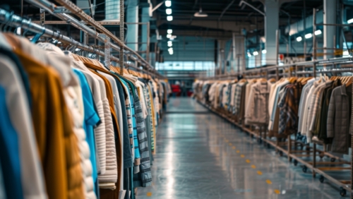 Clothes hanging on racks in a fabric warehouse transportation hub for fashion apparel