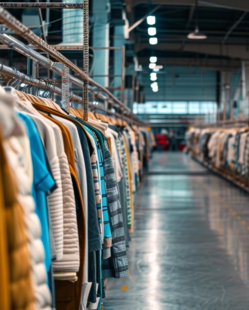 Clothes hanging on racks in a fabric warehouse transportation hub for fashion apparel