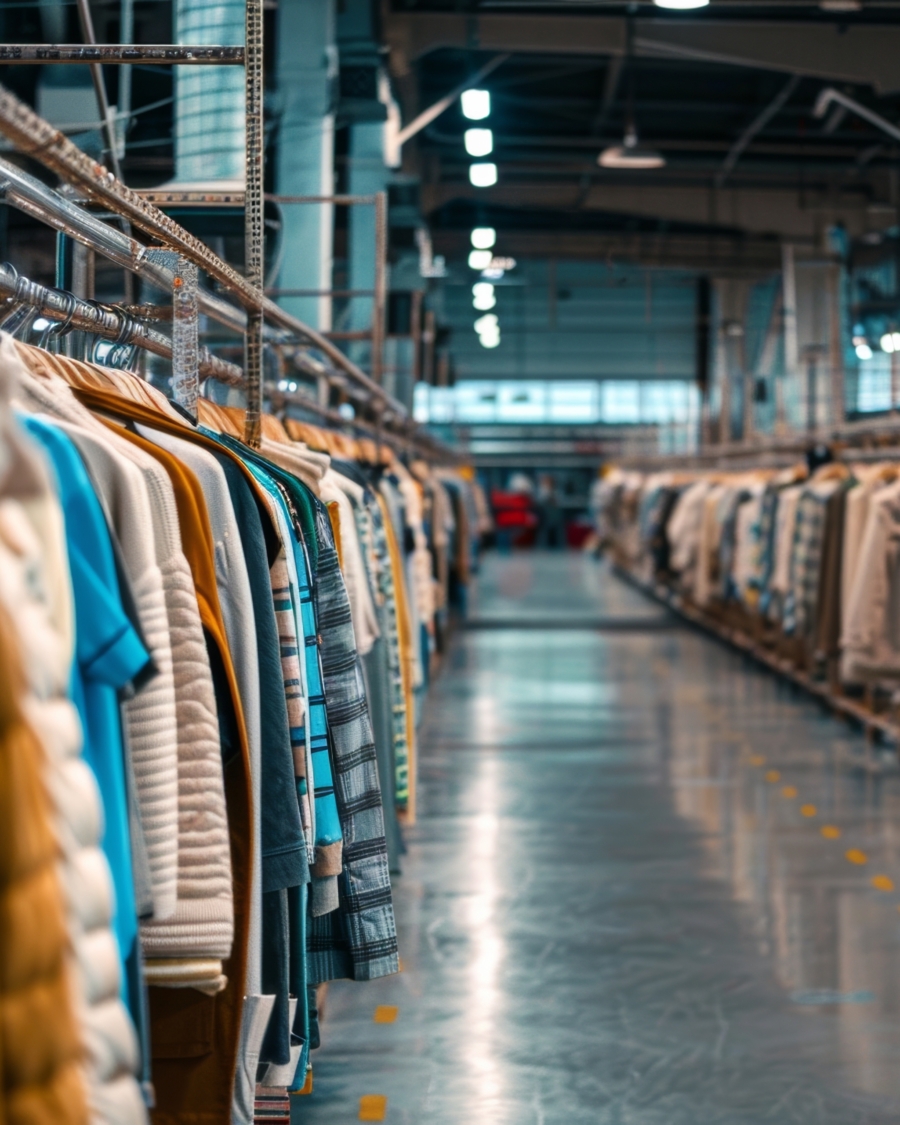 Clothes hanging on racks in a fabric warehouse transportation hub for fashion apparel