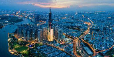 Aerial cityscape of Saigon at beautiful nightfall sky in evening