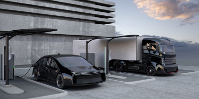 Electric truck and electric car in charging station