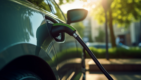 An image of a green car, with an electric charging cable going to the vehicle.